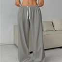 RoseSeek Women's Drawstring Elastic Waist Active Jogger Wide Leg Pants (Gray, L)