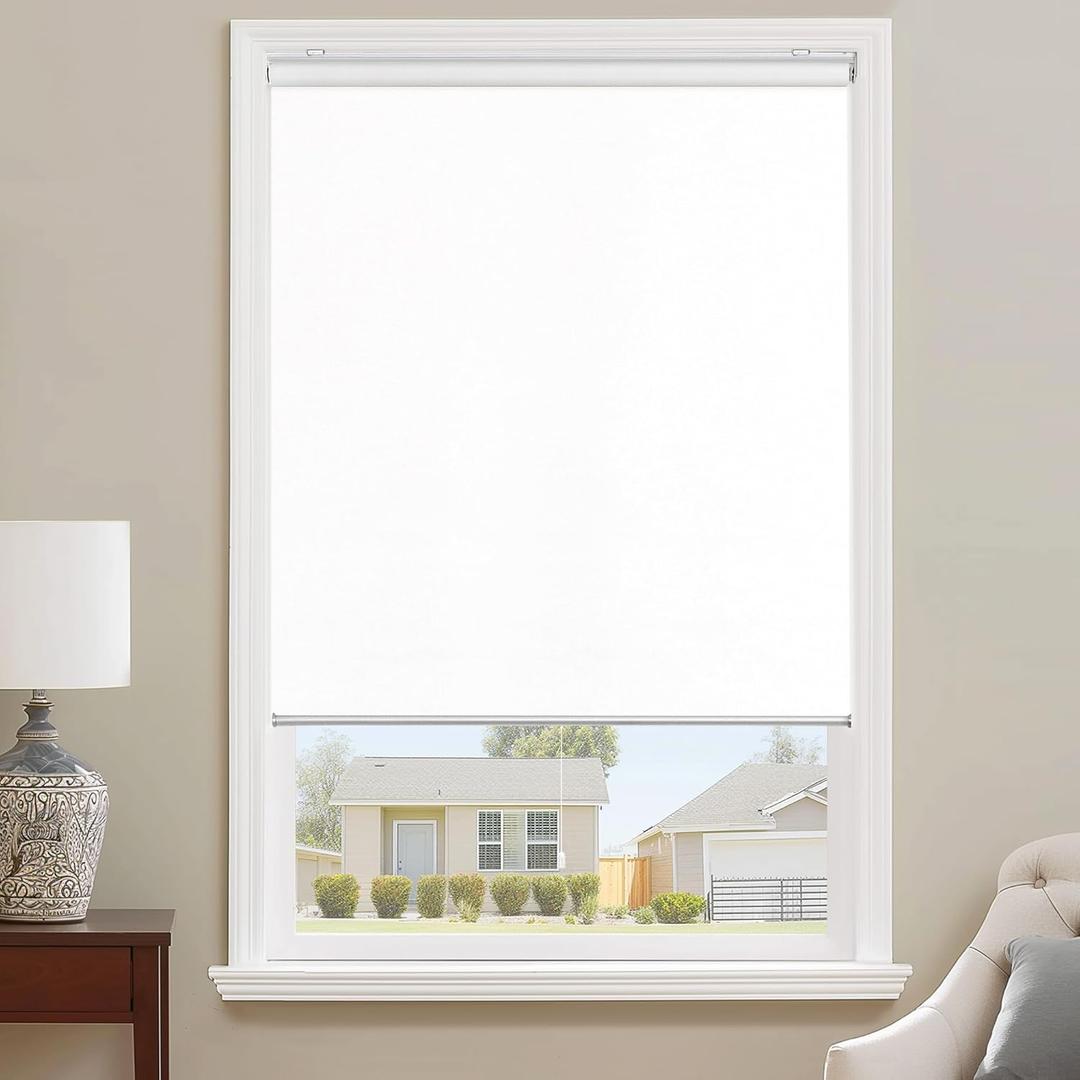 ChrisDowa Cordless 100% Blackout Roller Shade, with Striped Jacquard, Thermal Insulated, UV Protection Fabric, Total Blackout Blinds for Window, French Doors, Home and Office. White, 36" W x 72" H