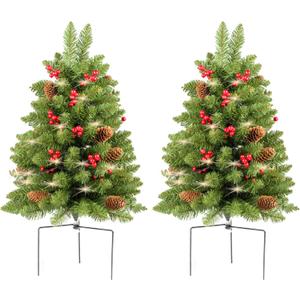 Christmas Tree 30 inch Prelit 2 Set Pathway Porch Christmas Trees Pre-Light LED Battery Operated Outdoor Xmas Decor for Entrance Driveway, Yard, Garden, Red Berries, Pine Cones