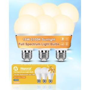 Neporal Full Spectrum Light Bulb 15W LED=100W, 2700K Flicker-Free Warm Light Bulbs, UV-Free & High CRI & Eye-Caring Sunlight Light Bulbs for Human, Home, Office, Plant, E26/E27, 30000H Lifespan, 6PK (Soft White)