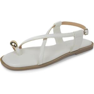 Women's Cross Strappy Flat Sandals Ring Buckle Ankle Boho Wedding Dressy Sandals (9, White)