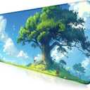 Simple and Cute Anime Landscape Computer Mouse Pad, Large Green Plant Outdoor Landscape Office Desk Pad, 35.4 x 15.7 x 0.12 Inch Sewn Edge Non Slip Rubber Base Mouse Pad