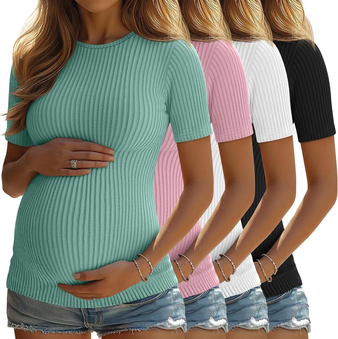 4 Pack Women's Maternity Shirts Ribbed Knit Short Sleeve Pregnancy Tops Crew Neck Work Tees Casual Summer Clothes (Medium, Mint Green, Pink, White, Black)