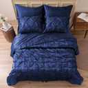 MR&HM Satin Comforter Queen 7 Pieces - Luxurious Pinch Pleat Bedding Set with Comforter, Flat Sheet, Fitted Sheet, Pillowcases & Shams, Super Silky Soft Bed Set for All Season (Queen, Navy Blue)