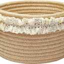 Yimi's Dream Basket for Gifts, Small Cute Round Baskets for Baby, Wedding, Birthday, Mini Decorative Jute Rope Baskets for Home Decor (Brown, 8"x 8"x 5") (brown with lace)