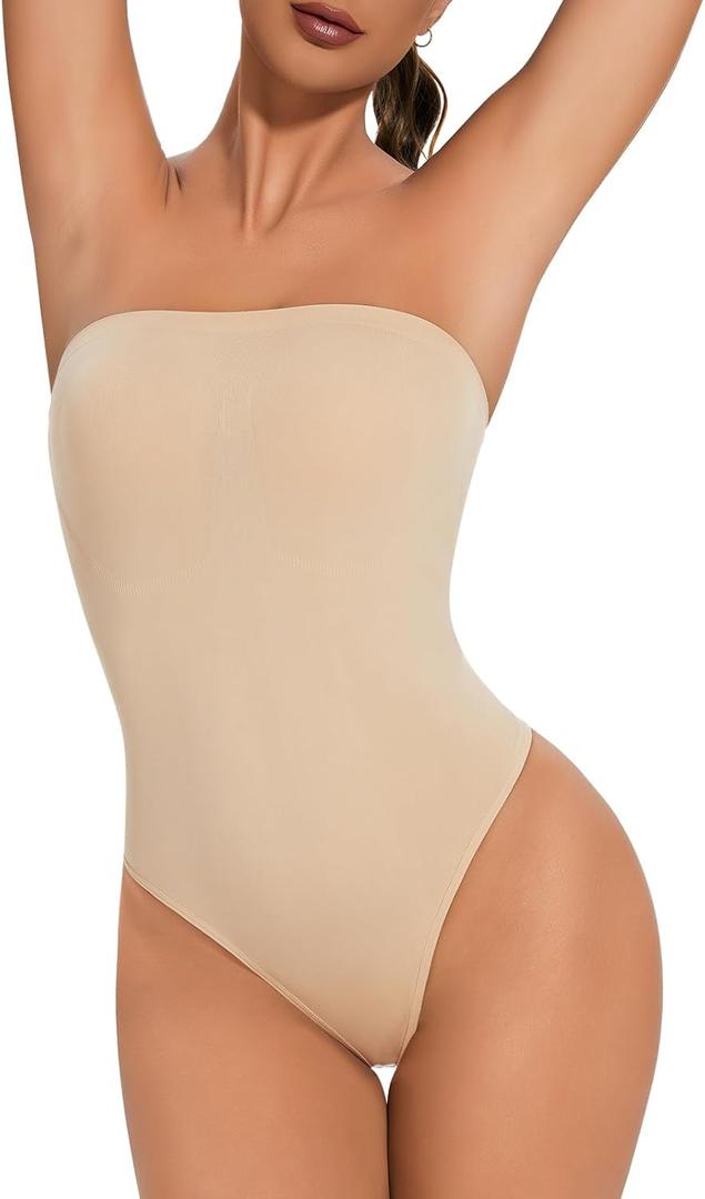 Strapless Shapewear Bodysuit Tummy Control Body Suits for women Seamless Thong Shapewear Tummy Control Beige L