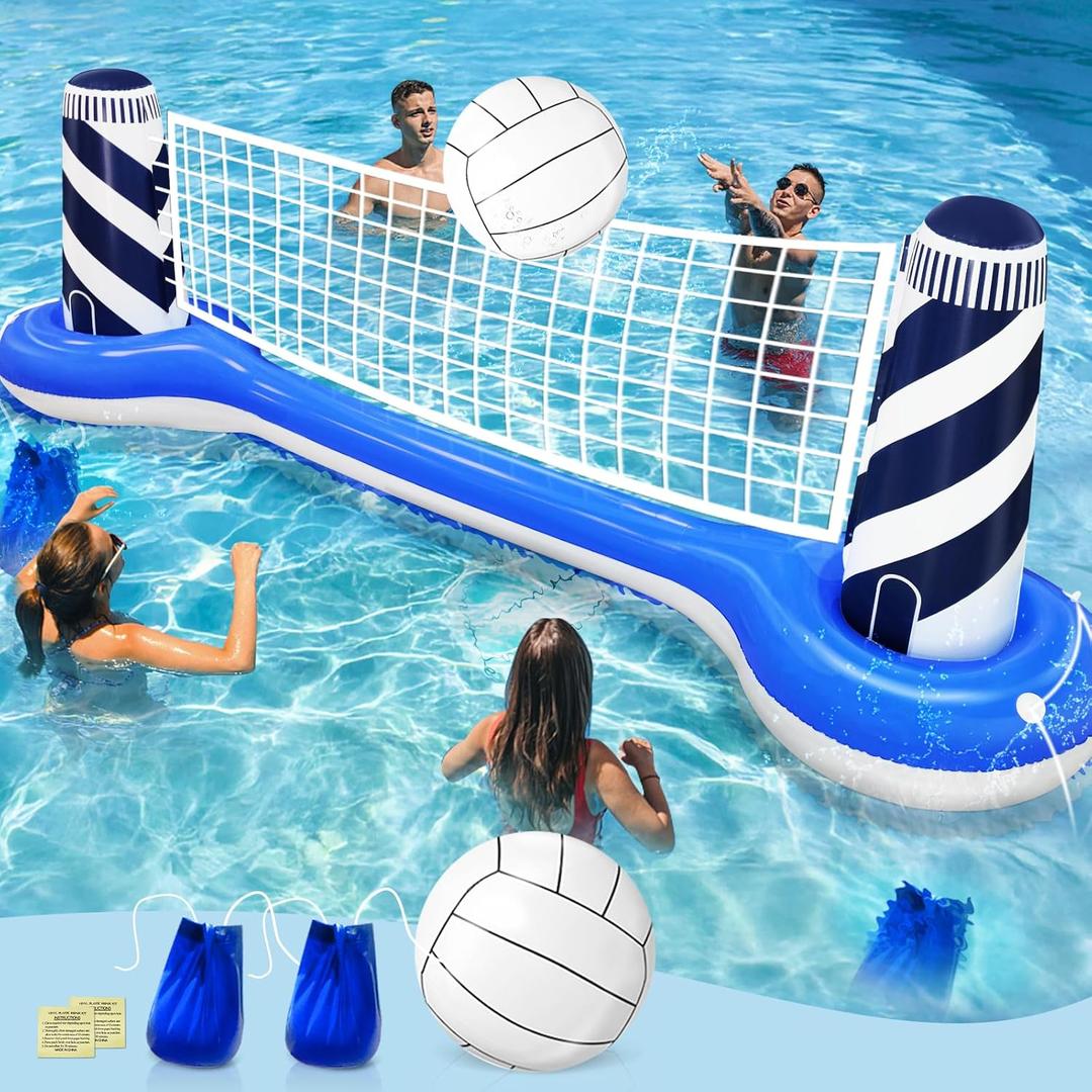 Inflatable Pool Games Volleyball Net Pool Float Set with 19" Beach Ball, Lighthouse Design Floating Swimming Water Sports Toys for Adults, Perfect for Summer Pool Party Supply (112"X26"X35")