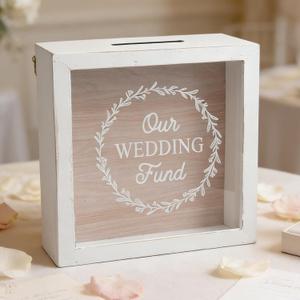Honeymoon Fund Box Piggy Bank Shadow Box for Wedding Reception Party Bridal Shower Children Gift (Our Wedding Fund, White and Brown)