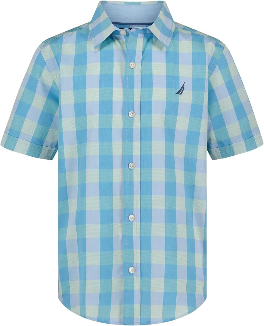Nautica Boys Short Sleeve Woven Button-Down Shirt. Light Weight & Breathable (18-20, Spring Check Azure)