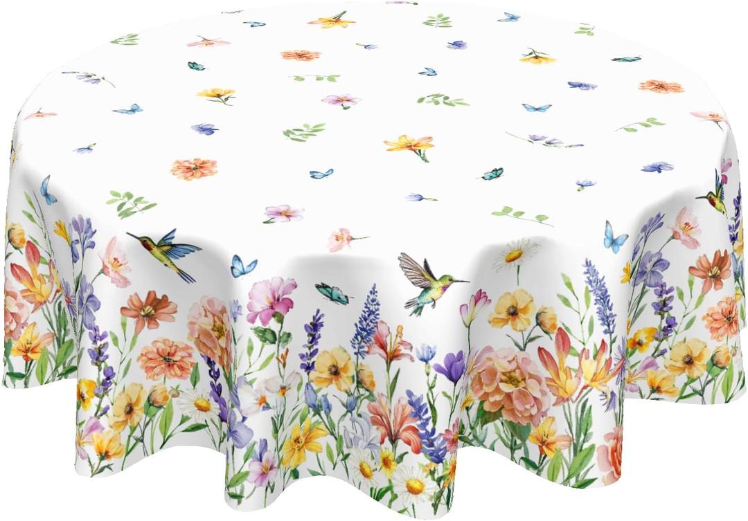 Spring Summer Tablecloth Round 60 Inch Green Yellow Floral Butterfly Table Cloth Pink Purple Flower Decorative Outdoor Table Cover for Kitchen Dining Holiday Party Picnic Indoor Home Decor