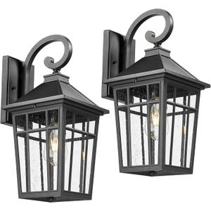 Darkaway Large Outdoor Wall Lights for House, 18inch Exterior Lighting Fixtures 2pcs Wall Mount Outdoor Porch Lights Black Outdoor Sconce Lights with Seeded Glass for Hallway Garage