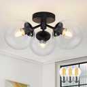 3-Light Modern Black Semi Flush Mount Ceiling Light Clear Glass Globe Ceiling Lights Mid Century Black Chandelier 3 Light Sputnik Ceilings Lights Fixture for Bedroom Hallway Entryway