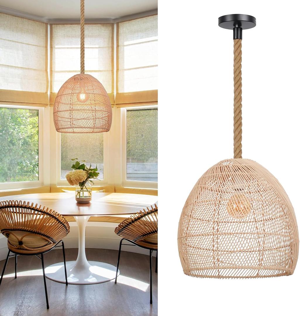 Arturesthome Natural Rattan Pendant Light for Kitchen Island, Woven Lamp Shade Chandelier, Hanging Ceiling Light, Handmade Lampshade Rope Lamp D15.7in*13.7in, 15.7"W - Beige Iron Frame