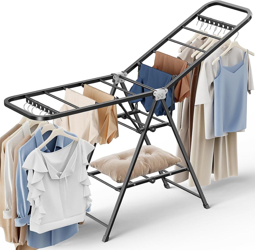Clothes Drying Rack, Foldable Laundry Drying Rack with Reinforced Steel Tubes, Height-Adjustable Gullwing Clothes Airer, Space Saving Indoor Drying Rack for Apartments, Balconies, Laundry Rooms, Black, Large