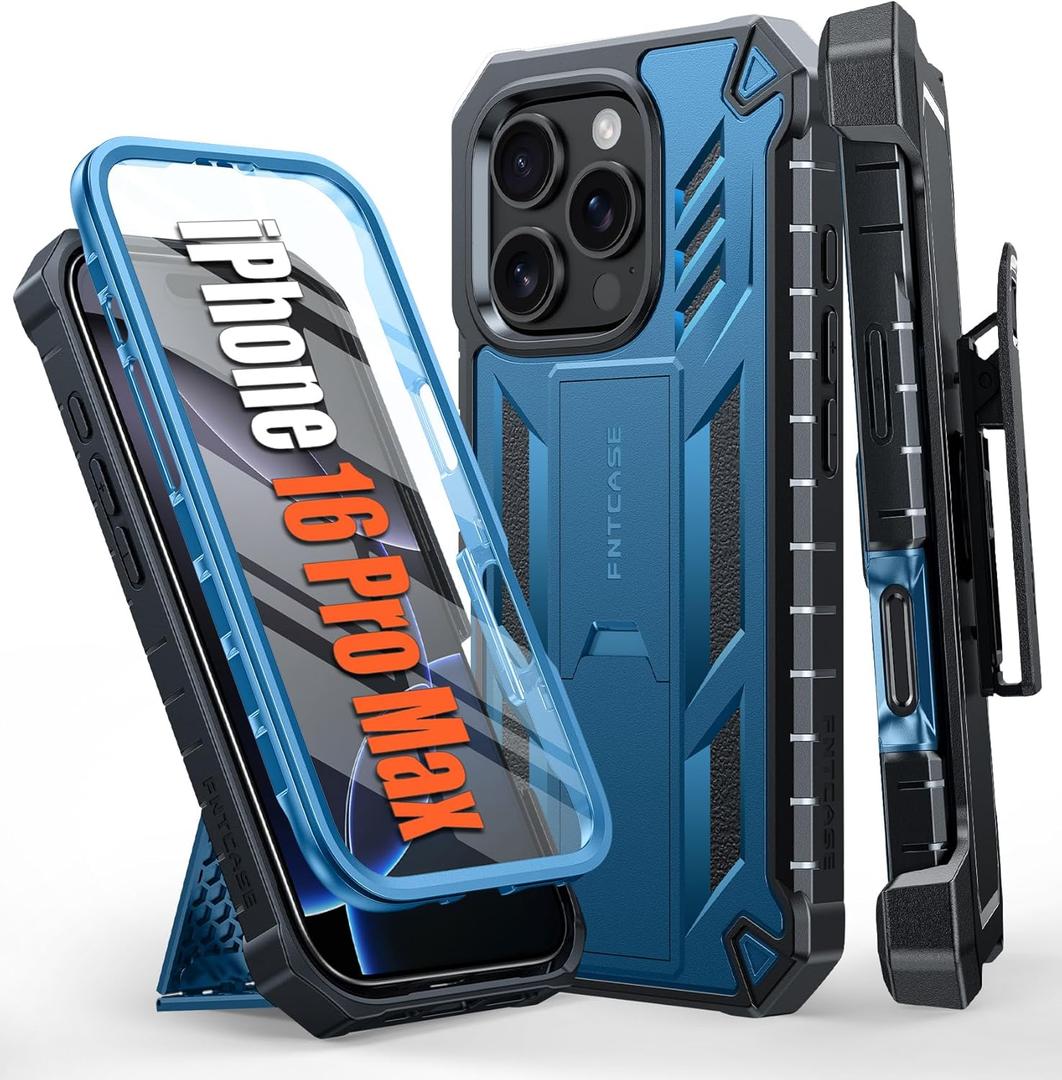 FNTCASE for iPhone 16 Pro-Max Case: Military Grade Rugged Cell Phone Cover with Kickstand & Holster | Shockproof TPU Protection Bumper Matte Textured Design | Heavy Duty Protector (Blue)