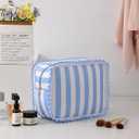 Stripe Ruffle Makeup Bag,Large Travel Cute Cosmetic Bag for Women Girls,Toiletry Bag Make up Organizer 10.8 x 4.5 x 8 inch (Blue Stripe)