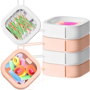 Kathfly 4 Pcs Pink White Hair Tie Organizer Portable Hair Accessory Storage Containers Stackable Tie Bobby Pin Holder Home Cotton Swab Dispenser Accessories Jewelry Organizer Box