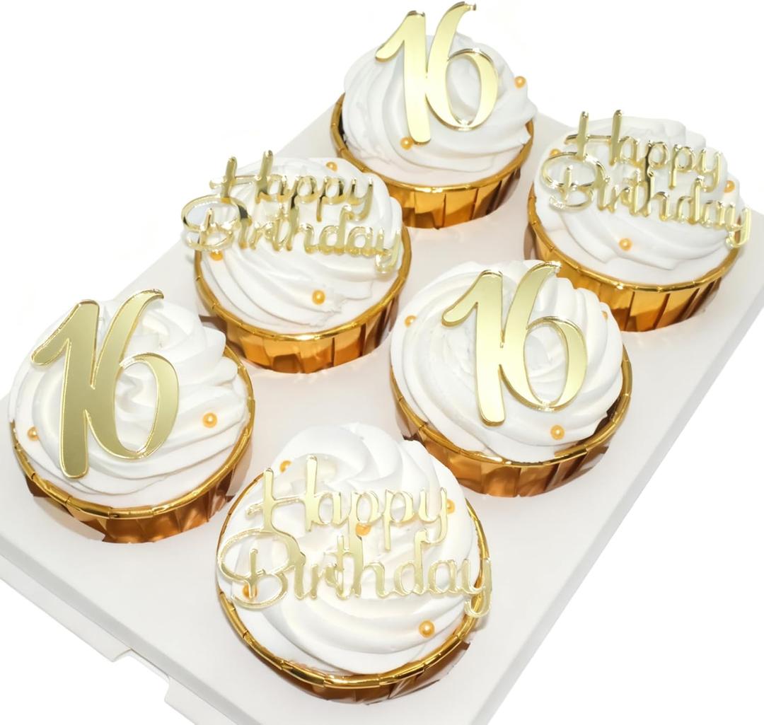Happy Birthday Cupcake Party Decorations, Gold Mirror AcrylicAcrylic Number Cupcake Topper,12 Pieces,16th Birthday Cake Toppers,16th Cupcake Topper,Sweet 16 (16th Birthday Cupcake)