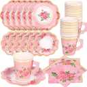 Floral Paper Tea Cups and Saucers 9 Oz Teacups with Handle 9 Inch and 7 Inch Paper Plates Saucers Napkins Disposable Tea Party Supplies Serve 24 for Wedding Baby Shower Party, Pink