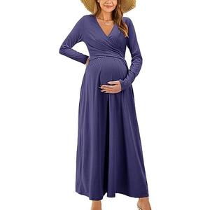OUGES Women's 2024 Fashion Long Sleeve V Neck Maxi Dress with Pockets Maternity Clothes Nursing Dresses Size Small