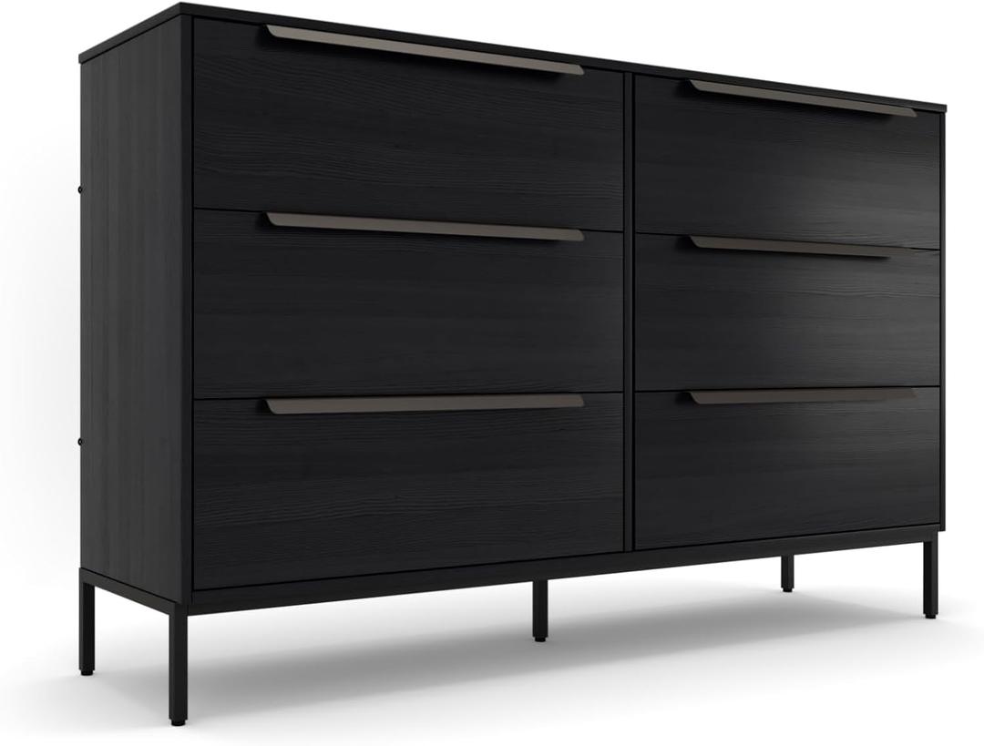 tinge Lira Premium 6-Drawer Fabric Dresser - Engineered Wood Frame, Reinforced Sag-Resistant Drawers, Elegant Metal Handles, Luxury Home Storage Solution (Black), 11.8"D x 46.2"W x 28.8"H