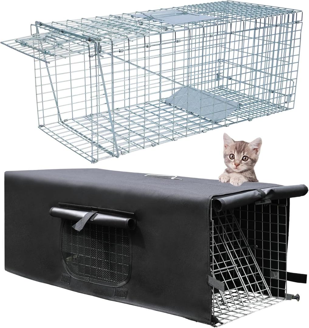 Live Animal Cat Trap Cage with Cover, Cat Traps for Stray Cats, Raccoon, Rabbit, Skunks, Feral Cats, Squirrels, Mouse, with Real Door Folding (32 x10 x12 Inches)