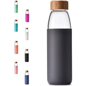 veegoal 25 Oz Borosilicate Glass Water Bottles with Bamboo Lid, BPA-FREE, Non-Slip Silicone Sleeve, and Stainless Steel Leak Proof Lid - Reusable Glass Bottle for Men and Women (Charcoal Grey)