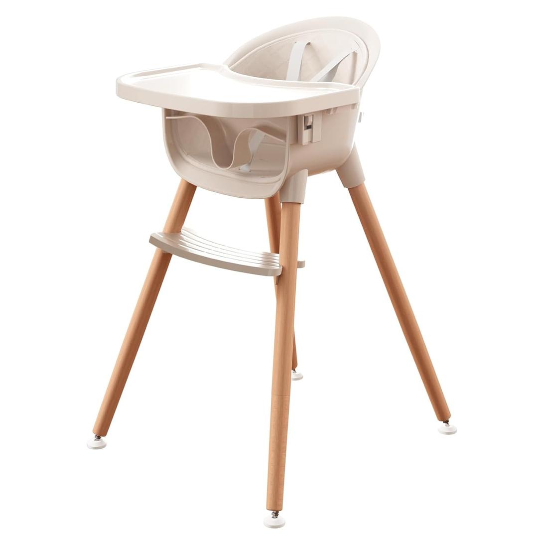 Fodoss 3-in-1 Wooden High Chair for Babies and Toddlers, Convertible Easy Clean Infant Highchair, Modern Design Silla para Comer De Bebe (Elegant Beige)
