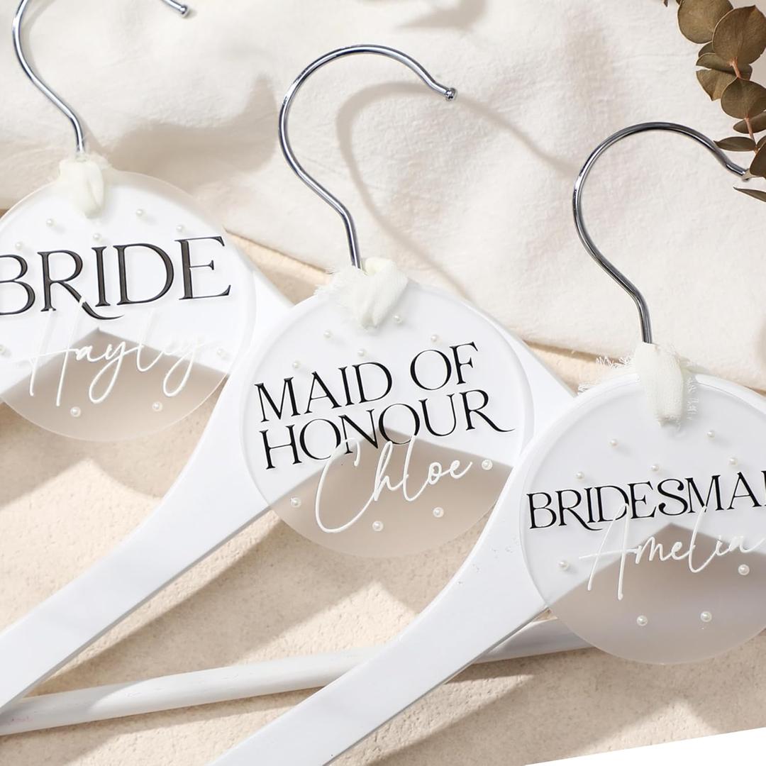 24 Pcs Bride Hanger Tag Name Personalized Acrylic Hanger Tag with Wedding Silk Ribbon Pearl Bridesmaid Maid of Honor Transfer Stickers Gift for Bridal Shower Party