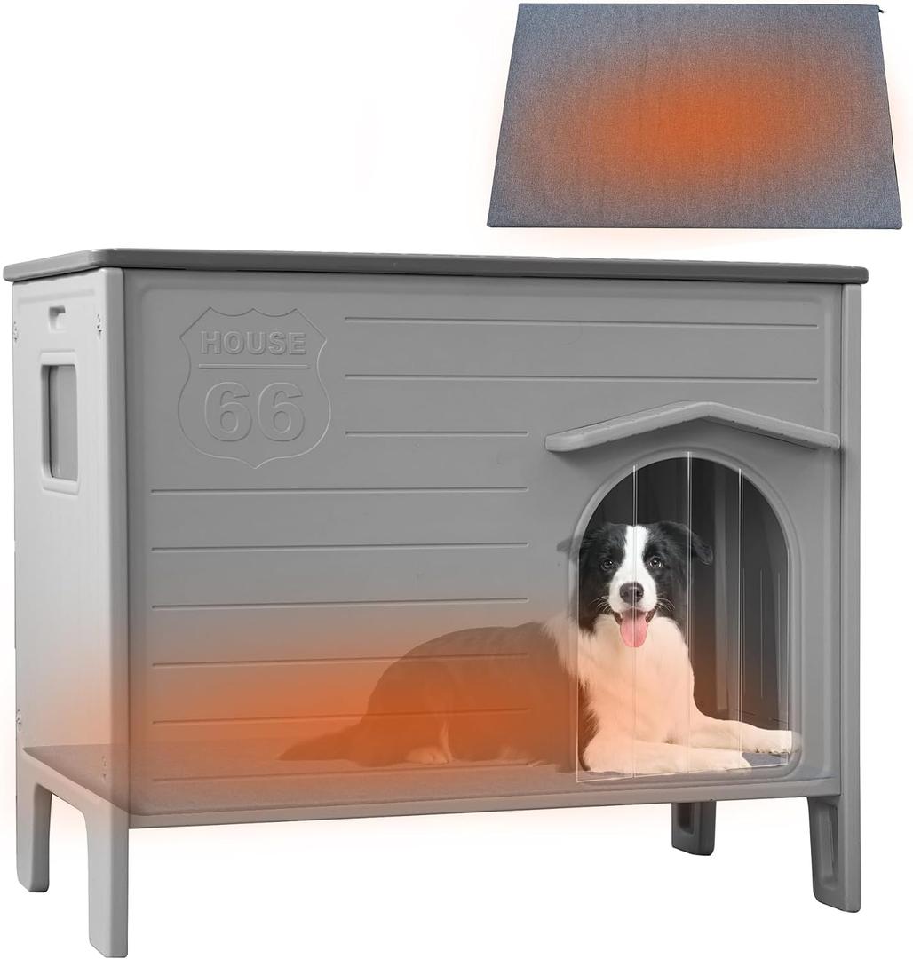 Waterproof Dog House for Outdoor Indoor,Durable Plastic Dog House with Warm Mat Side Window Elevated Floor, Easy to Assemble Easy to Clean(38.3L 26.5W 32.4" H)