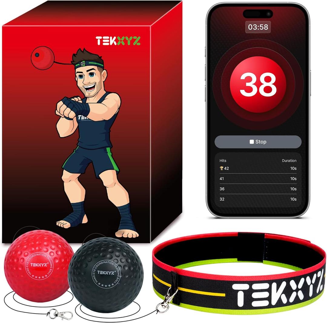 TEKXYZ Reflex Ball with Counter App & Online Community, 2 Difficulty Levels Boxing Ball with Headband, Perfect for Reaction, Agility, Punching Speed, Fight Skill & Hand Eye Coordination Training (Black/Red)