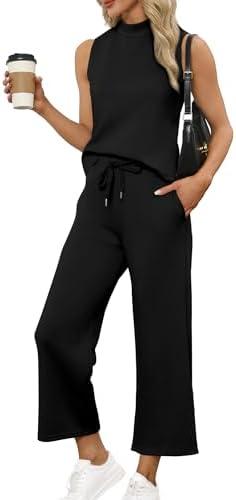 SAMPEEL 3 Piece Sets for Women Summer Outfits Lounge Sets Mock Neck Tops Wide Leg Crop Pants Vacation Travel Outfits M