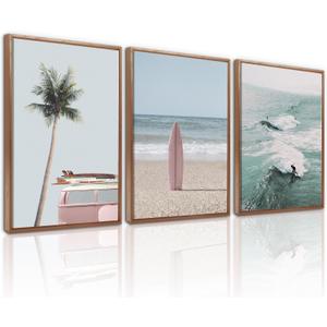 CHDITB Beach Framed Canvas Wall Art Set Of 3, Coastal Wall Decor, Ocean Wave Wall Painting, Palm Tree Seaside Artwork Surfboard Art Prints For Living Room Or Bedroom (12X16 Inch)