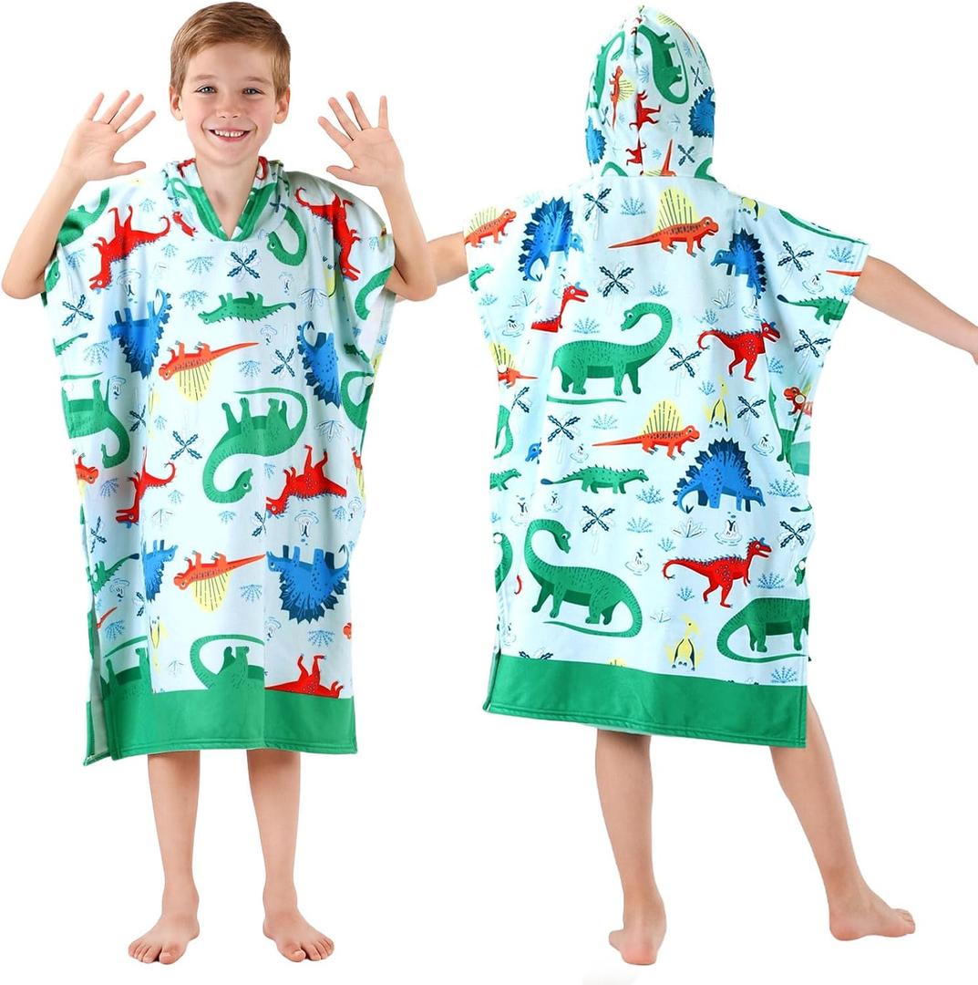 Kids Hooded Beach Towels Wrap for 8-14 Years,Cute Dinosaur Theme Boys Swim Cover Up for Bathroom31"x39" Quick Dry Green Bath Towel Poncho,Perfect for Travel Vacation,Pool Party,Swimming (W31"xH39")