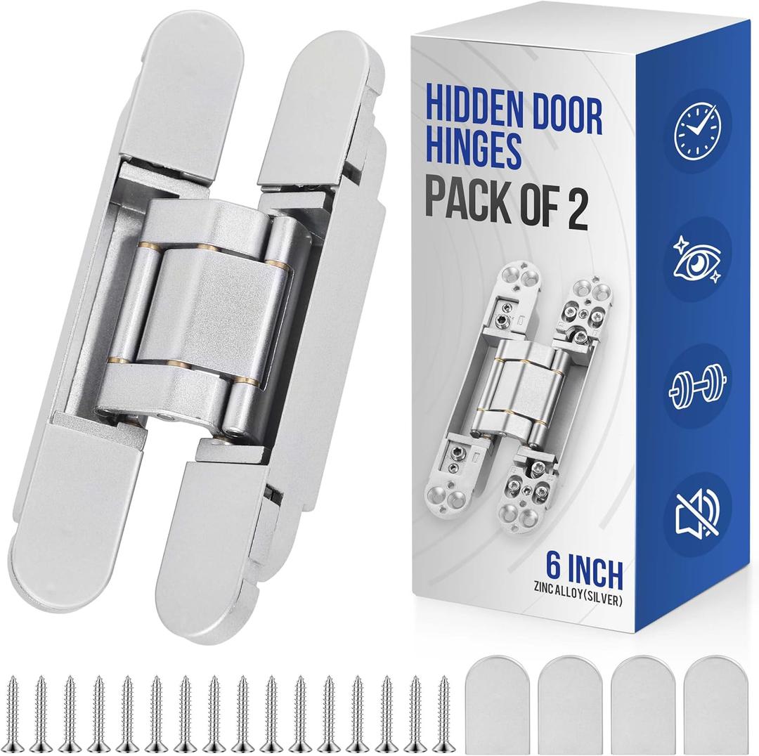 6" Hidden Door Hinges Invisible Hinges, Zinc Alloy Concealed Hinges Silent Invisible Door 3 Way Adjustable & 180 Swing Butt Hinge 6*2.5*1inch SilverPack of 2(Fits Only Doors Over 35mm Thickness)
