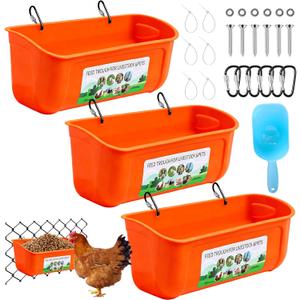 3 Pack Chicken Feeder, Duck Feeder Supplies, Hanging Fence Feed Trough with Clips for Goat, Sheeple, Piglet, Gooses, Turkeys, Dog Livestock Poultry, 8 Quarts in Total, Feed Scoop Included, Orange