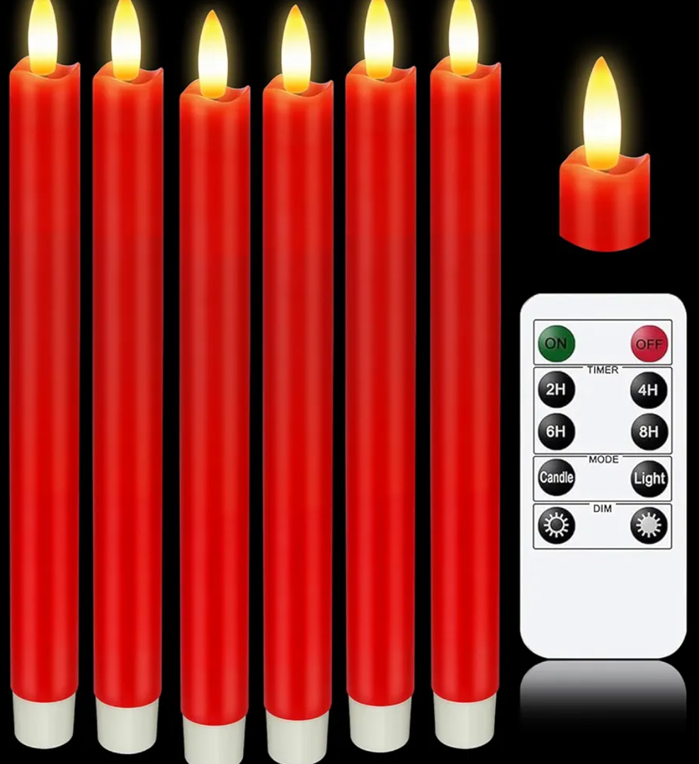 KSWING Upgraded Real Wax LED Flameless Red Taper Candles with Remote, 6 PCS Candlesticks Battery Operated 3D Flickering - 9.6" Long Realistic Fake Candle Sticks for Home/Wedding/Fireplace Xmas Decor