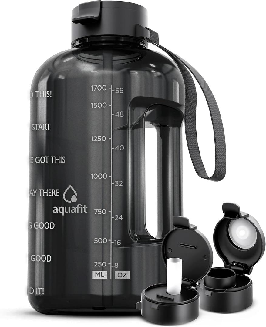 AQUAFIT Half Gallon Water Bottle with Time Marker - Straw & Chug Lid - BPA Free Gym Water Bottle with Straw - Big Gallon Jug (Gray, 64 oz - 2 Lids)