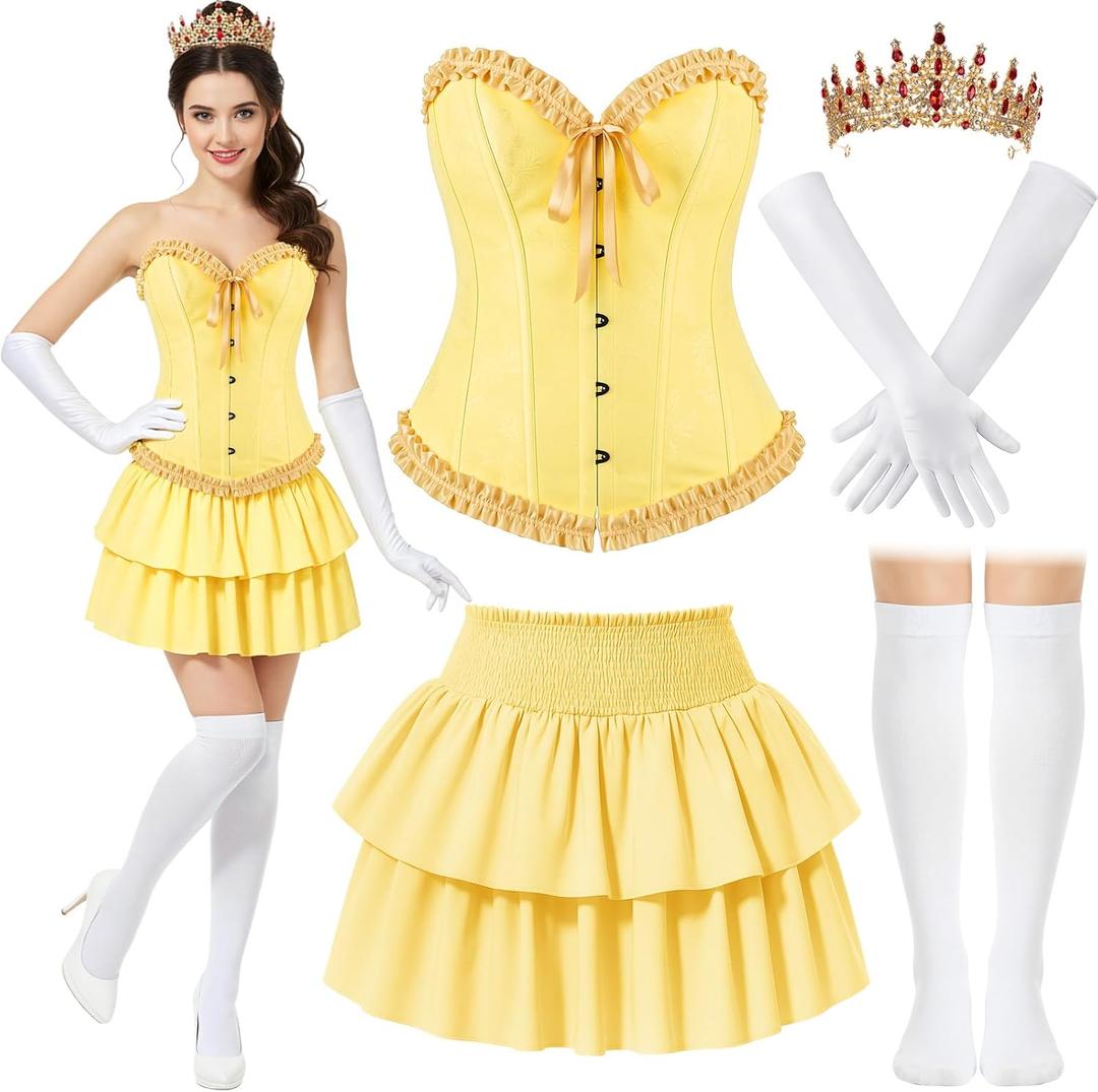 JaGely 5 Pcs Princess Fairy Costume for Women Corset Tops Skirt Headband Gloves Socks Adult Dress Carnival Role Play Party (Small, Yellow)