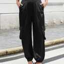 ZAFUL Womens Satin Joggers 2025 Boho Chic Cargo Jogger Pants High Waisted Stretch Silk Ankle Pants Slack Trousers (Black, L)