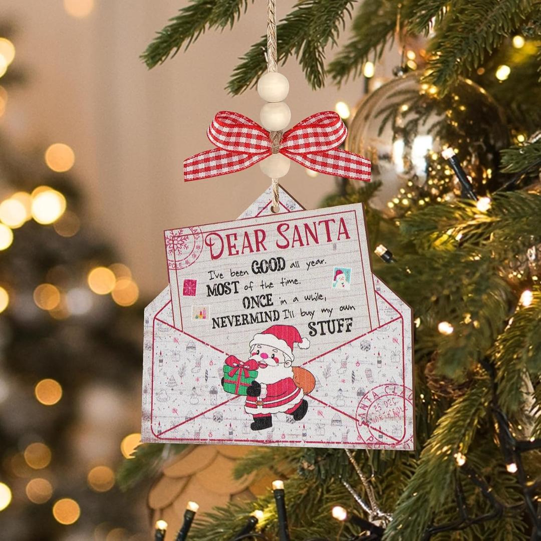 Funny Christmas Ornament for Tree, Wooden Xmas Ornament with Bows and Bead for Christmas Decoration, Wood Letter Hanging Ornament for Gift (Dear Santa Ive Been Good All Year, White Color)