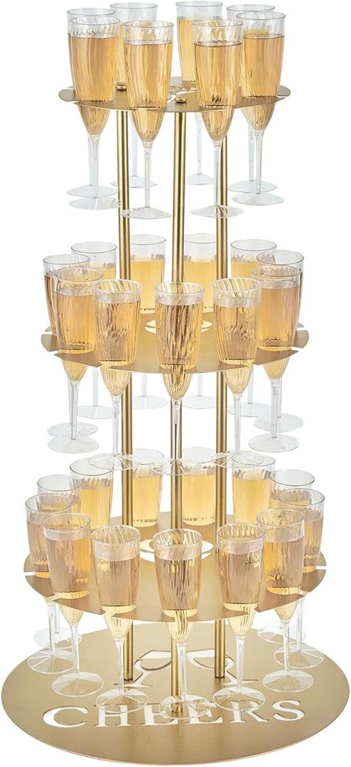 Metal Champagne Flute Holder Stand for Party 3-Tier Champagne Tower Display Holds 32 Glasses, Champagne Stand Holder for Wedding, Event, Celebration (Gold)