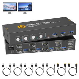 USB3.0 KVM Switch HDMI 4K@60Hz for 4 Computers Share 1 Monitor, KVM Switch 4 Port with 3 USB 3.0 Ports Share Keyboard Mouse, Support Button Switch, Plug and Play