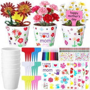 Funnymoom 48 Set Mother's Day Pot Crafts Paintable Flower Pot Craft Kit DIY with Watercolor, Pen Stickers, Plant Labels Garden Growing Kits for for Mom Spring Mother's Day Fun Activity