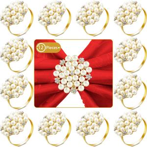 12 Pcs Gold Napkin Rings Pearls Flower Napkin Buckles Rhinestone Bling Round Holders for Easter Holiday Wedding Banquet Home Party Dining Table Decoration