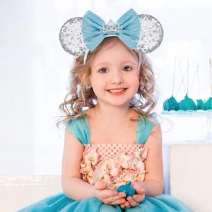 Mouse Ears Headbands for Women Girls - Fashion Sequin Hairband with Blue Bow Shiny Crown for Princess Cosplay Costume Party Decorations Hair Accessories, White
