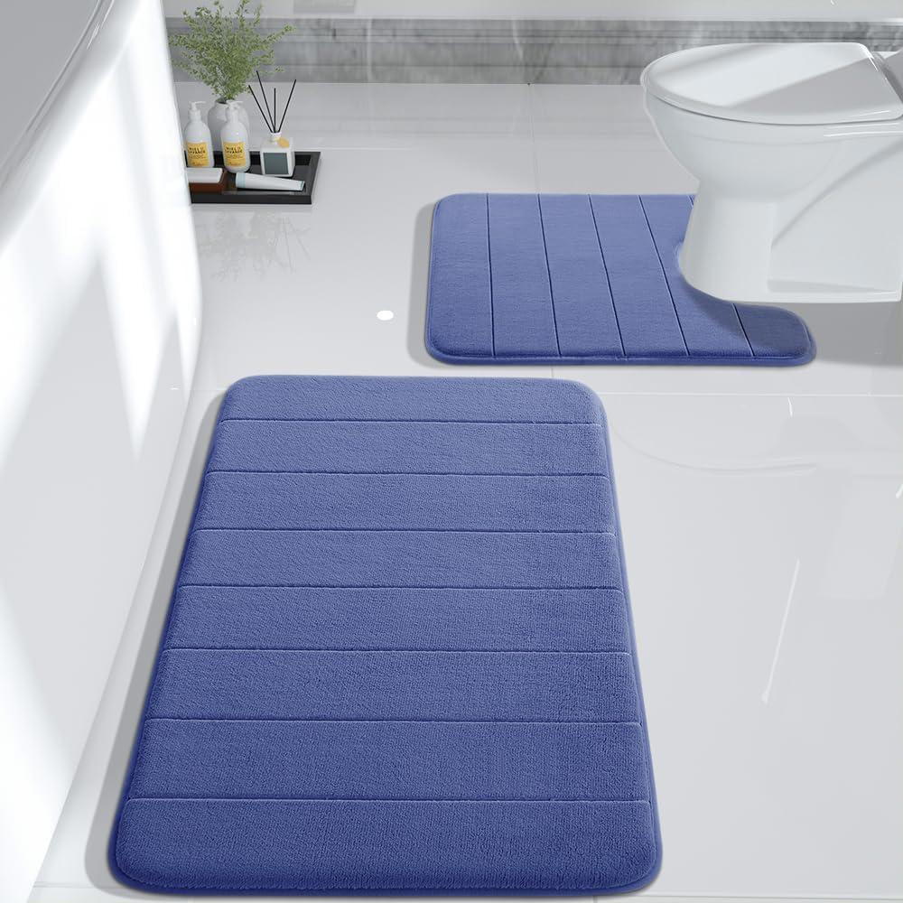Yimobra Memory Foam Bath Mat Set 2 Piece - Super Soft Absorbent Quick Dry Bathroom Toilet Rugs, Machine Washable Non Slip Floor Carpet for Tub Shower & Single Sink (31.5x20 & 24x20, Navy Blue)