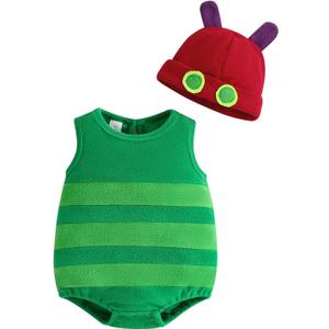 Baby Caterpillar Costume Infant Girl Boy Halloween Costume Sleeveless Hungry Romper with Hat Cosplay Party Outfit (6-12 Months, Green)
