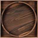 Set of 2 Large Black Walnut Wood Ottoman Tray with Handles, Serve Tea, Coffee, Classic Wooden Decorative Serving Tray (19 inch Square &18 inch Round)