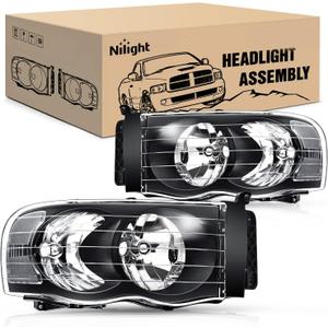 Nilight Headlights for 2002 2003 2004 2005 Ram 1500 2500 3500 Truck Black Housing Clear Corner, Headlight Assembly Replacement kit, Driver and Passenger Side, 2 Pack